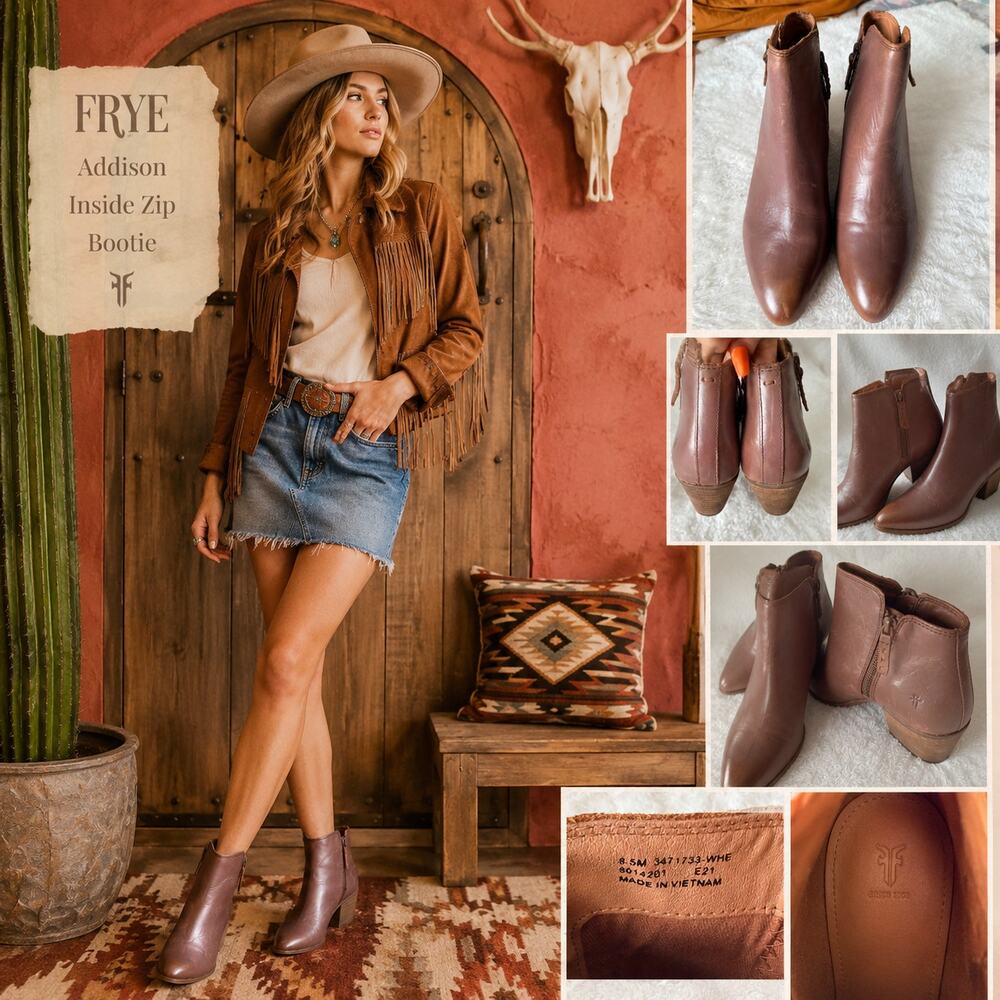 Frye Judith Leather Double Zip Ankle Boots Whiskey Brown 8.5M Western
